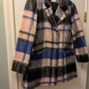 Wool-Blend Plaid Coat in Pink & Blue